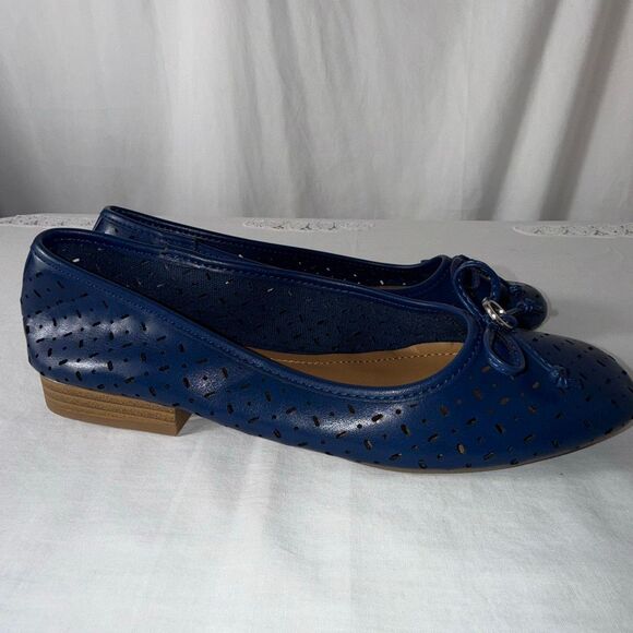 Nautica Navy Blue Perforated Ballet Flats | Bow Accent Slip-On Shoes | Casual Co - Picture 5 of 11